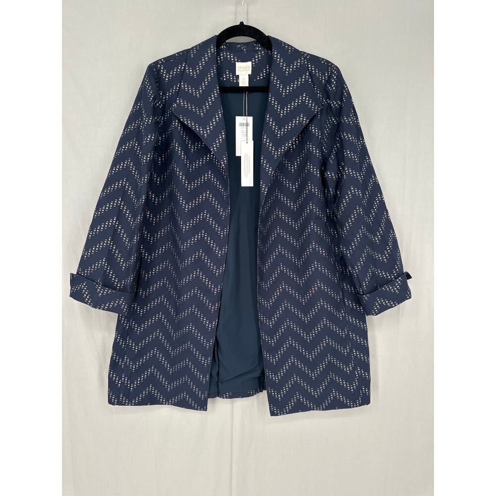Chicos Jacket Womens Medium Navy Blue Gold Pockets Office Classic Chevron - Picture 4 of 11